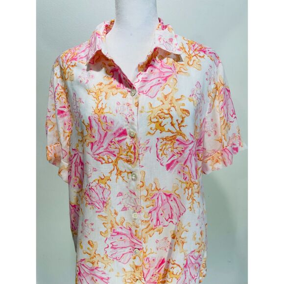 J. Jill Love Linen shirt costal coral reef print orange beach summer women's S - Picture 1 of 5